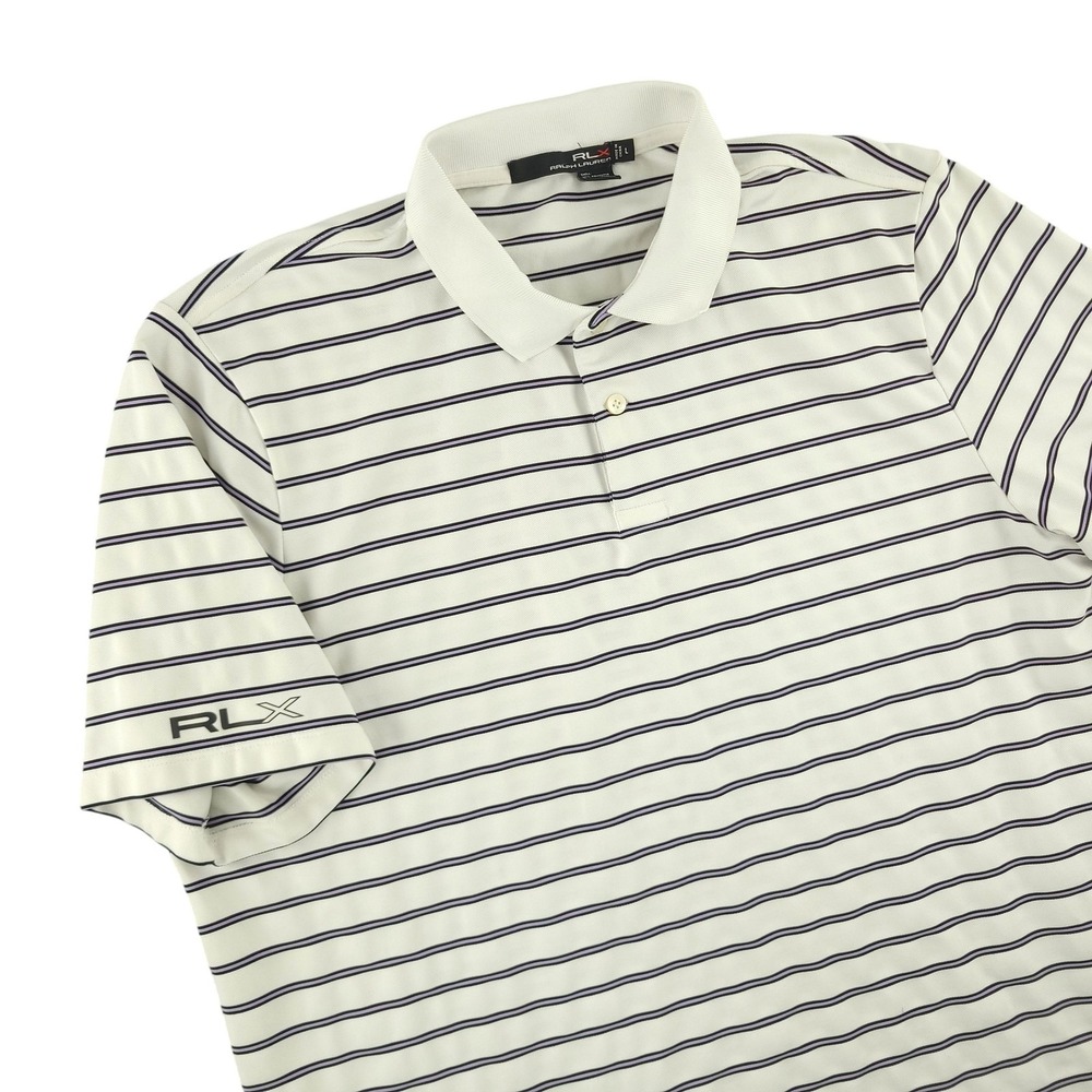RLX Ralph Lauren Polo Shirt Mens L White Purple Stripe Golf Performance Top